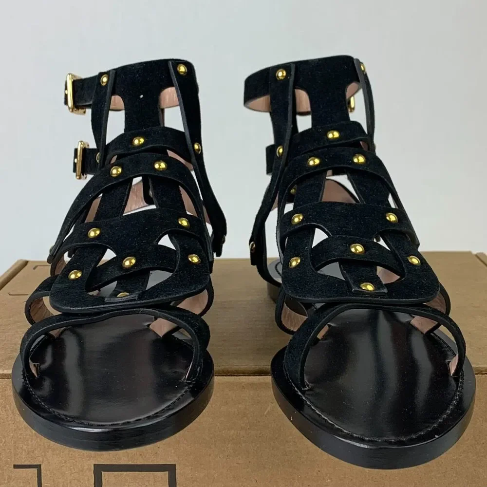 Alberta Ferretti Womens Gladiator Flat Sandal Black Suede Ankle Strap Shoes 6/37